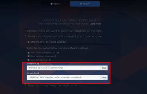 Getting your server URL and stream key from Facebook Live