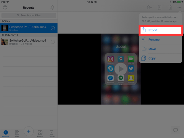 Export video from dropbox to camera roll